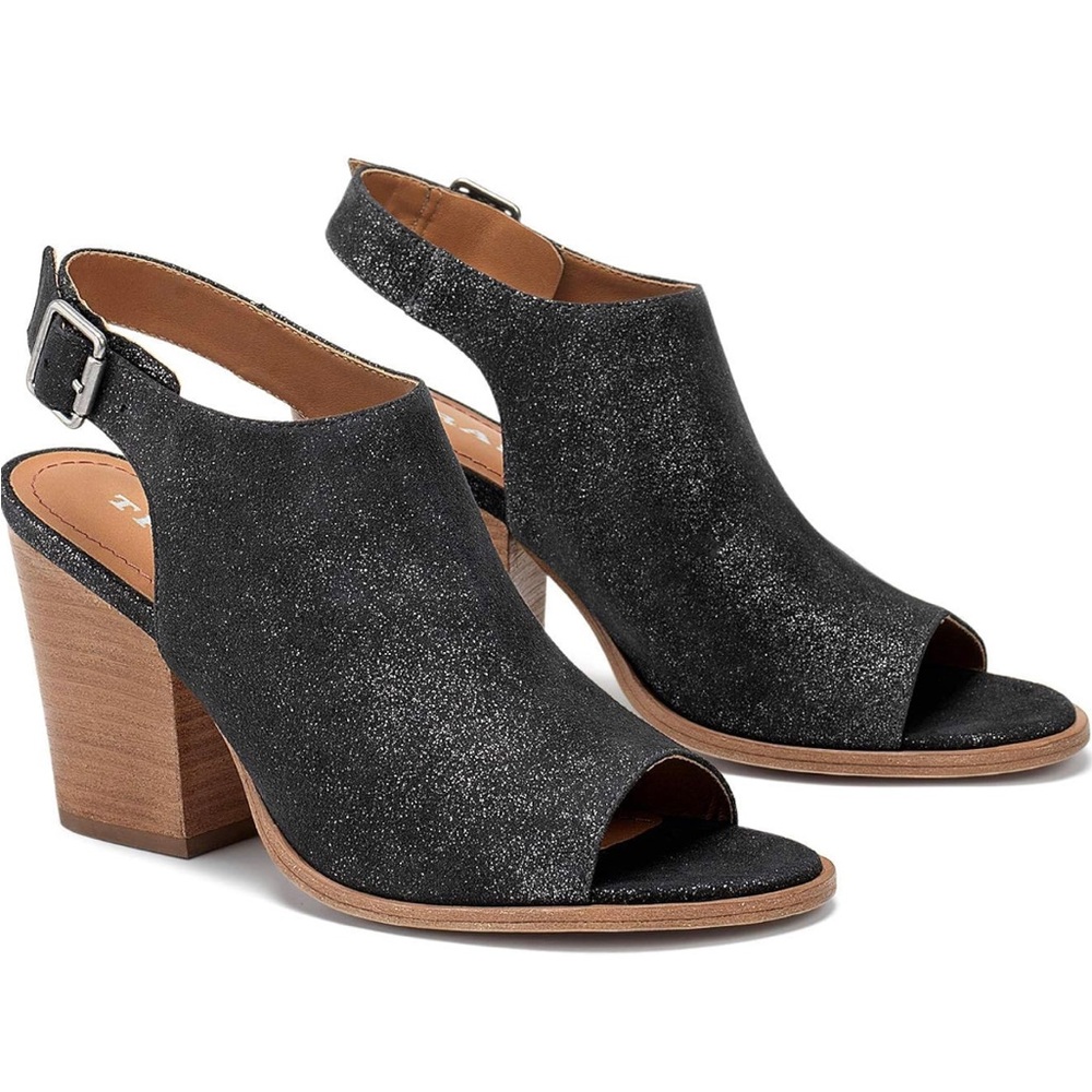 Trask Parker black metallic suede slingback open toe booties block heel …